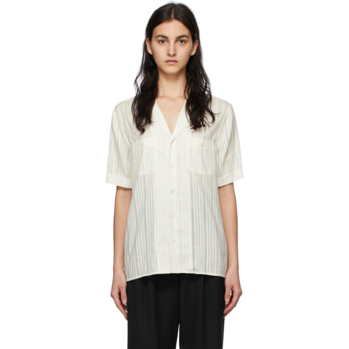 SAINT LAURENT OFF-WHITE SILK STRIPED SHORT SLEEVE SHIRT