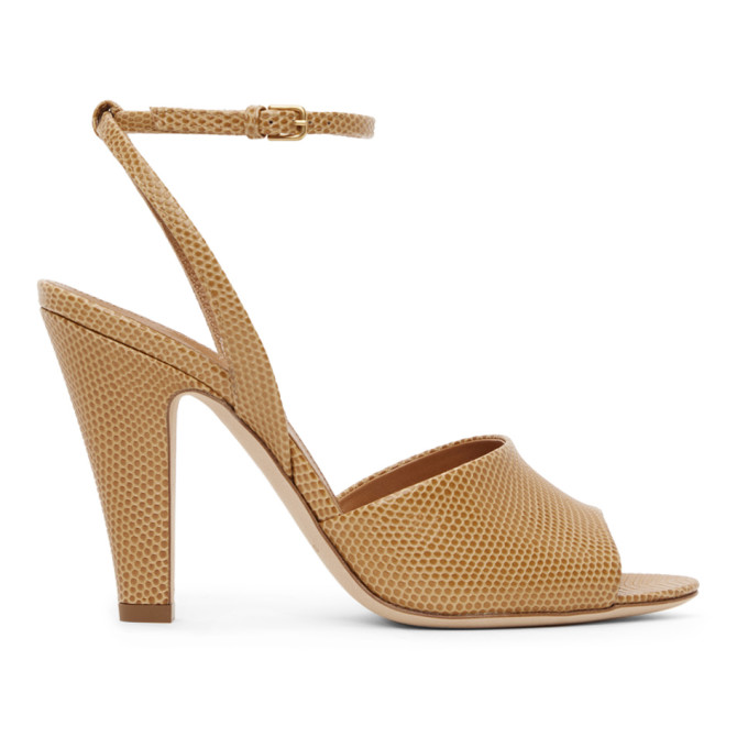 SAINT LAURENT TAN LIZARD SCANDALE HEELED SANDALS