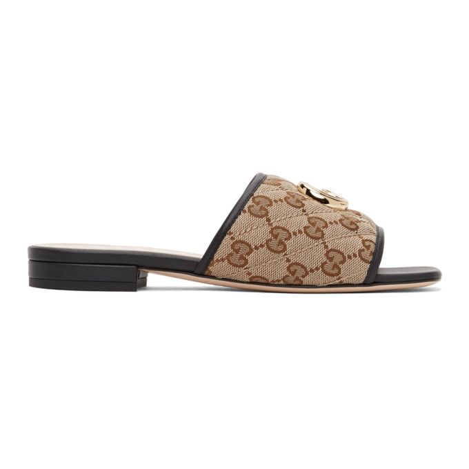 Click to view more detailed imagery on our partner's website Gucci Jolie Leather-trimmed Embellished Logo-detailed Canvas Slides In 9765 Beige