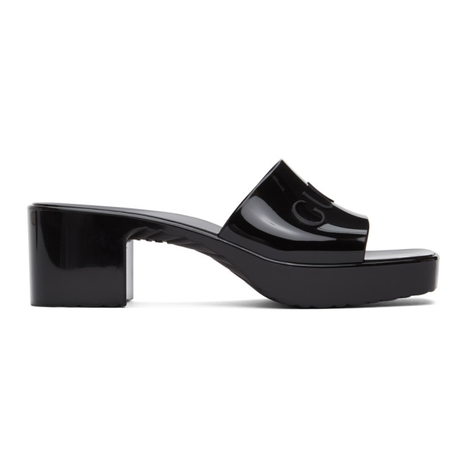 Click to view more detailed imagery on our partner's website Gucci Black Rubber Slide Heeled Sandals In 1000 Black