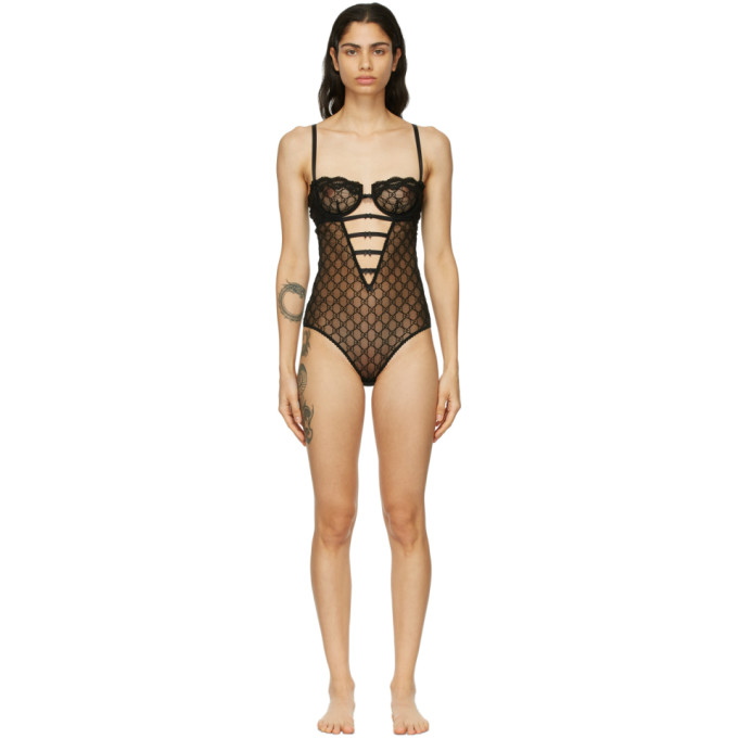 GUCCI BLACK TULLE GG DEEP V BODYSUIT