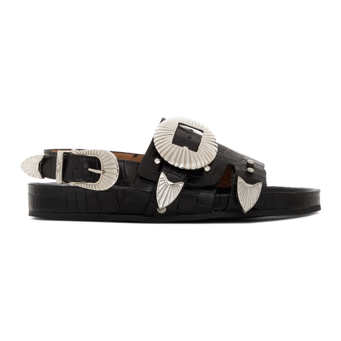 TOGA BLACK CROC OVERSIZED BUCKLE SANDALS