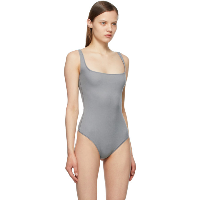 Shop Skims Grey Cotton Rib Bodysuit In Pacific