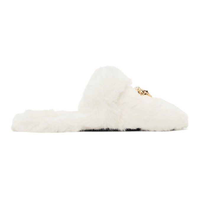 VERSACE WHITE FAUX-FUR PALAZZO SLIPPERS