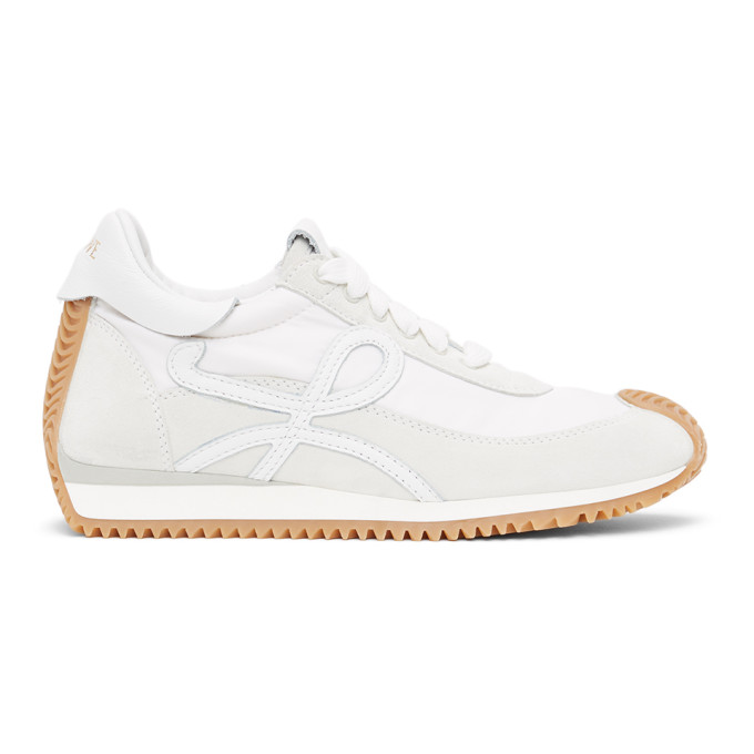 Click to view more detailed imagery on our partner's website Loewe Flow Logo-appliquéd Shell, Leather And Suede Sneakers In 2100 White