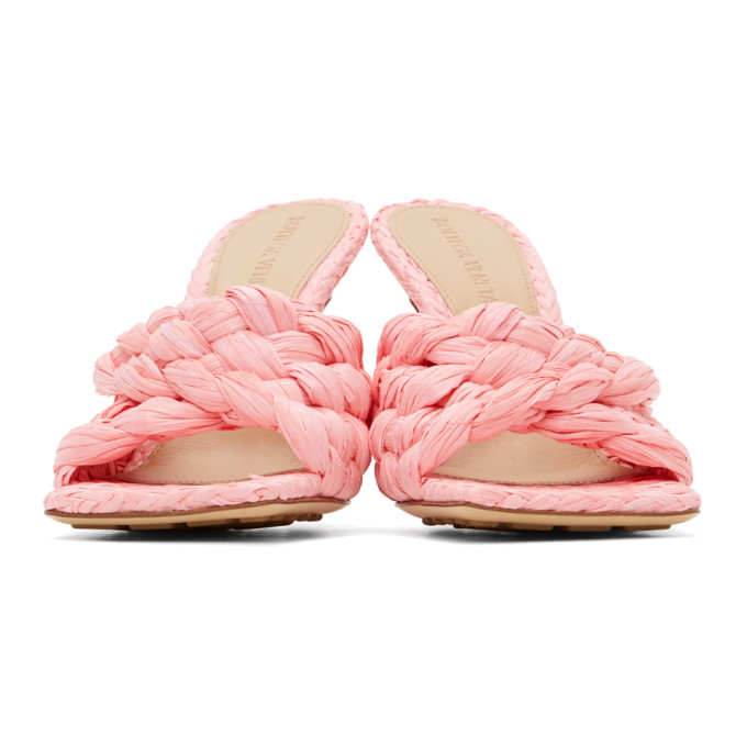 Shop Bottega Veneta Pink Raffia Stretch Heeled Mules In 5657 Blosso