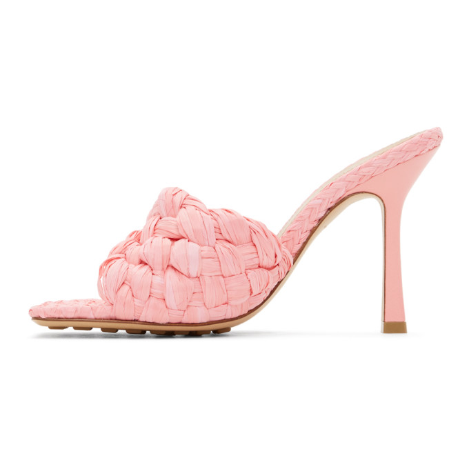 Shop Bottega Veneta Pink Raffia Stretch Heeled Mules In 5657 Blosso