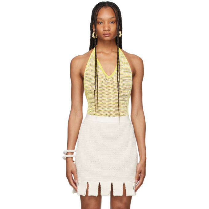 BOTTEGA VENETA YELLOW & WHITE CHEVRON FISHNET BODYSUIT