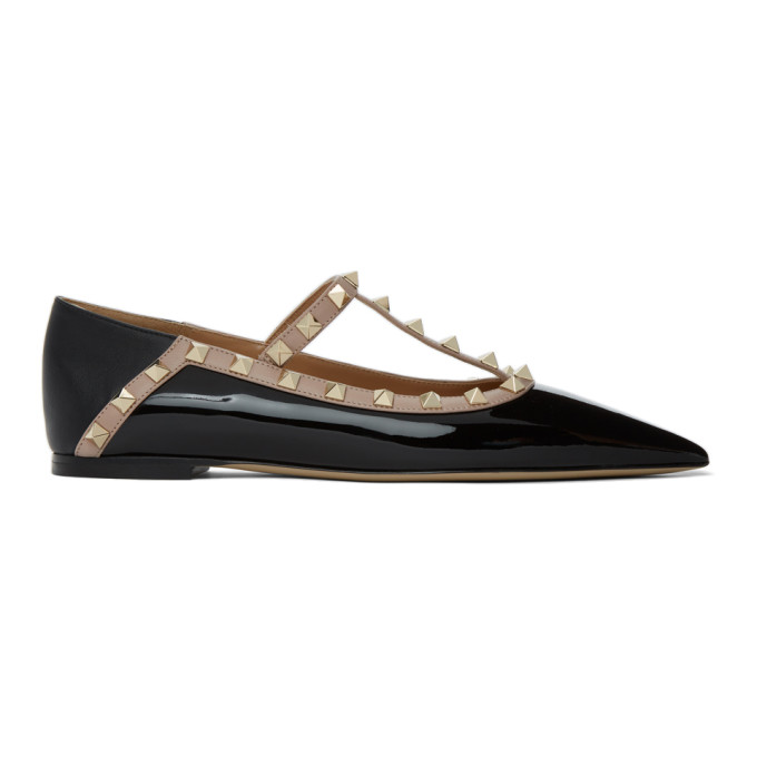 VALENTINO GARAVANI BLACK & PINK VALENTINO GARAVANI T-STRAP ROCKSTUD BALLERINA FLATS