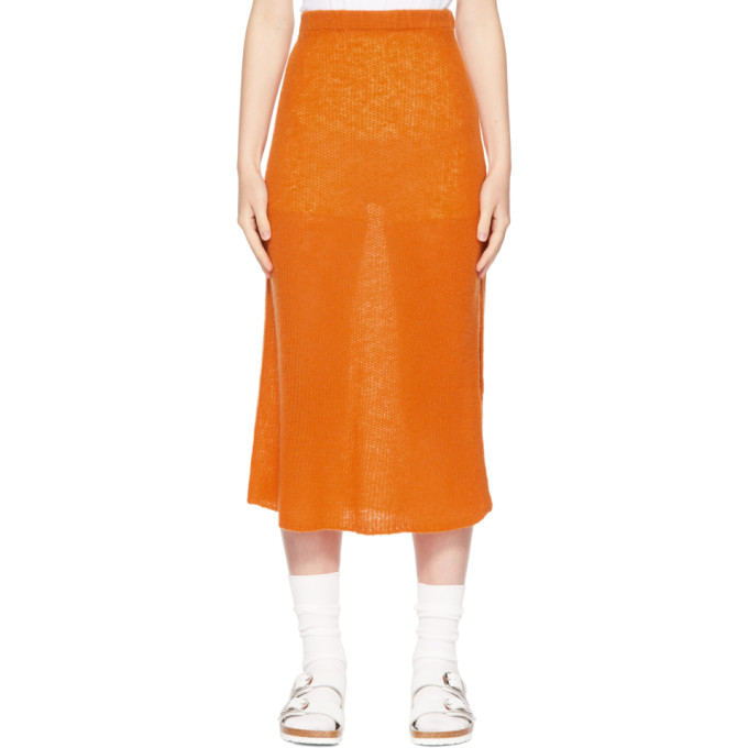 THE ELDER STATESMAN ORANGE CASHMERE SIDE SLIT SKIRT