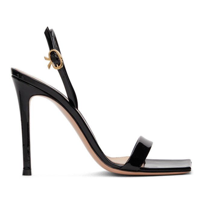 GIANVITO ROSSI BLACK PATENT RIBBON STILETTO 105 HEELED SANDALS