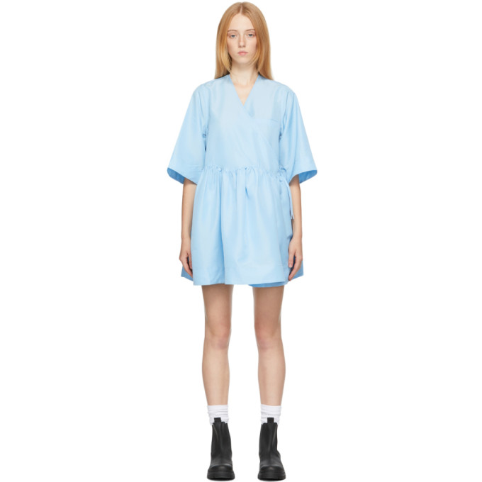 GANNI BLUE OVERSIZED WRAP MINI DRESS