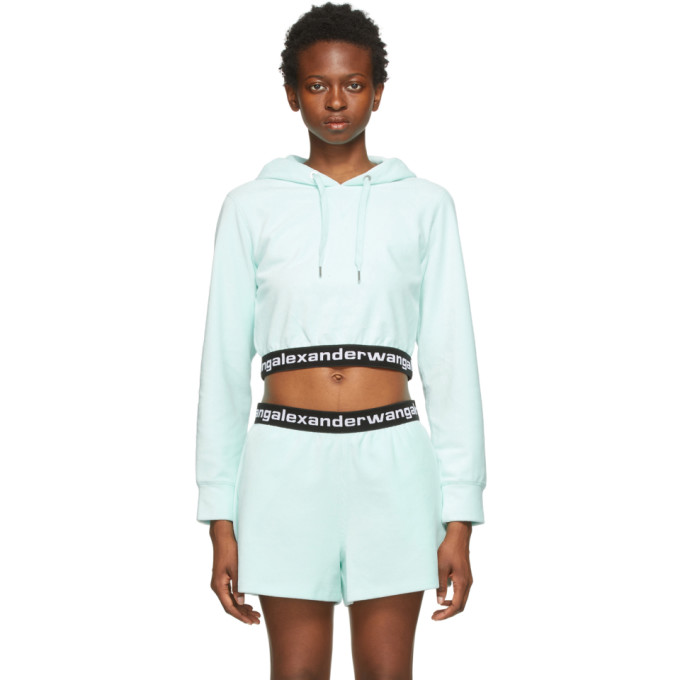 ALEXANDER WANG T BLUE CORDUROY LOGO ELASTIC HOODIE