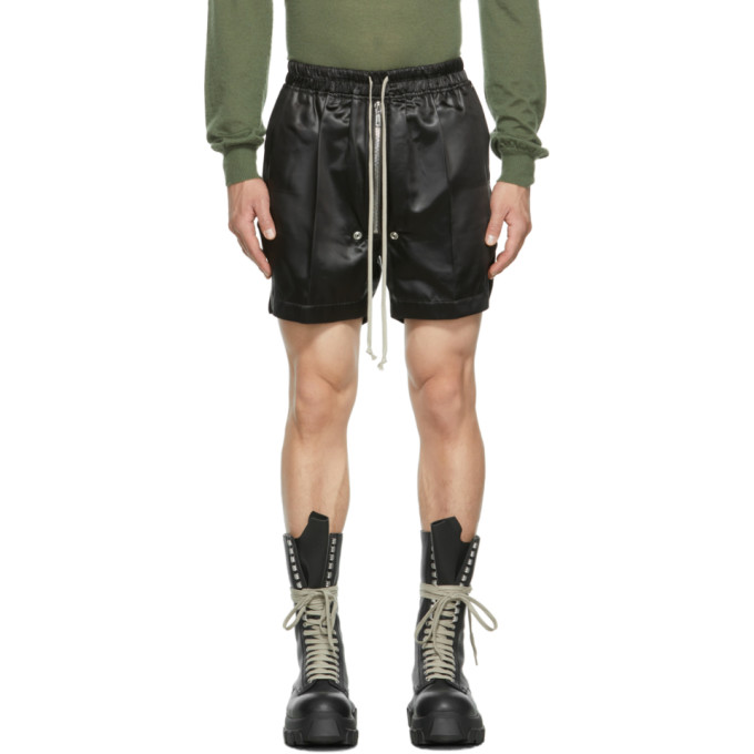 RICK OWENS BLACK SATIN LIQUID LATEX BELA BOXERS SHORTS