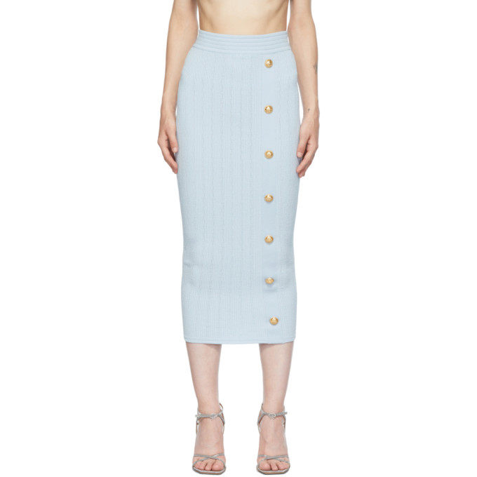 BALMAIN BLUE RIB KNIT BUTTON MID-LENGTH SKIRT