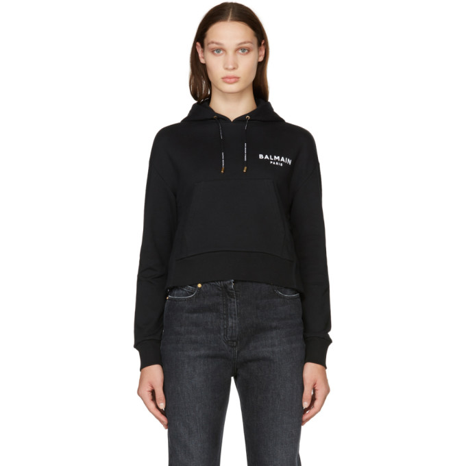 BALMAIN BLACK FLOCKED LOGO CROP HOODIE