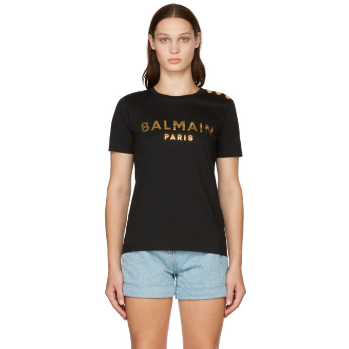 BALMAIN BLACK & GOLD THREE-BUTTON METALLIC LOGO T- SHIRT