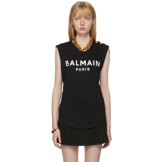 Balmain Logo Print Buttoned Tank Top In Black Modesens