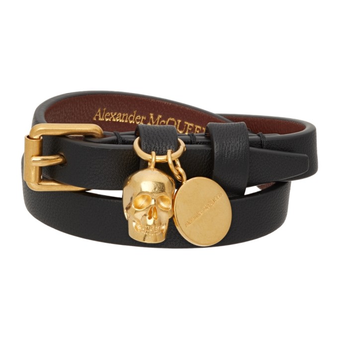 Click to view more detailed imagery on our partner's website Alexander Mcqueen Skull Charm Leather Double Wrap Bracelet In 1000 Black