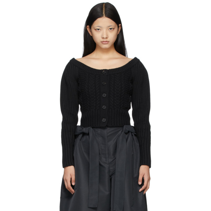 ALEXANDER MCQUEEN BLACK CABLE KNIT OFF-THE-SHOULDER CARDIGAN