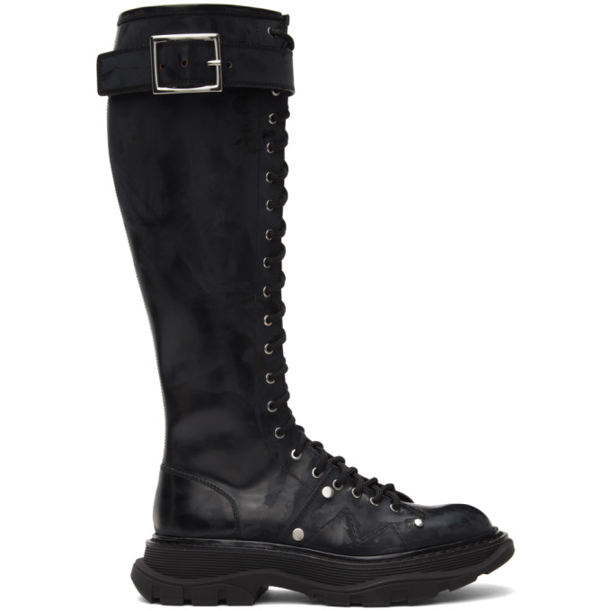 Shop Alexander Mcqueen Black Tread Lace-up Tall Boots In 1081 Black