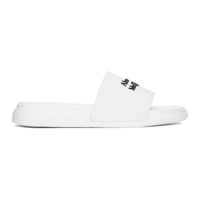 Shop Alexander Mcqueen White & Black Logo Pool Slides In 9061 White/black