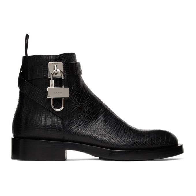 Shop Givenchy Black Lizard Padlock Boots In 001-black