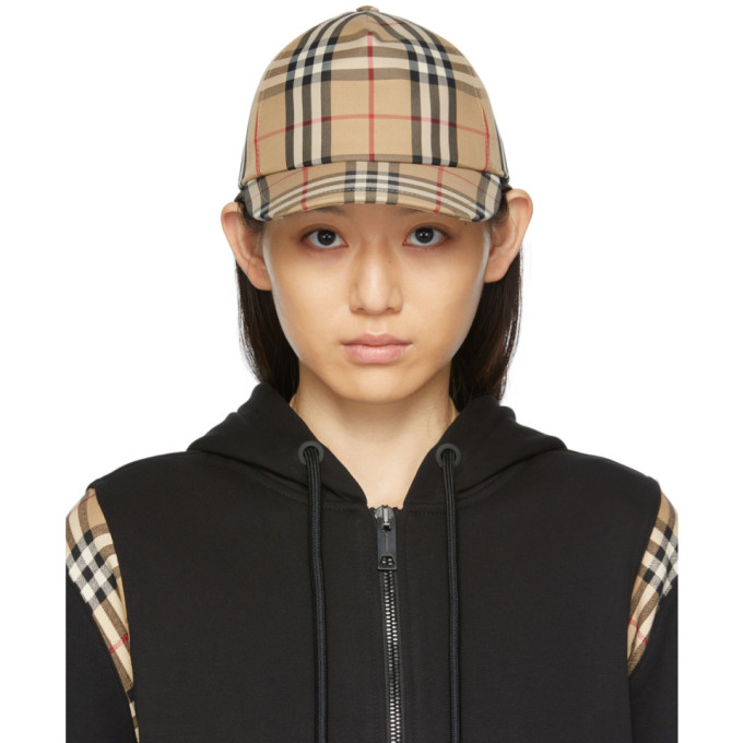 Shop Burberry Beige Vintage Check Logo Appliqué Baseball Cap In Archive Beige