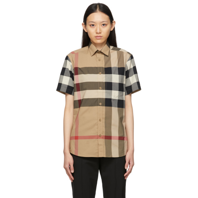 BURBERRY BEIGE POPLIN CHECK SHORT SLEEVE SHIRT