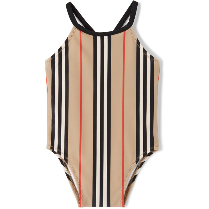 BURBERRY BABY BEIGE ICON STRIPE ONE-PIECE SWIMSUIT