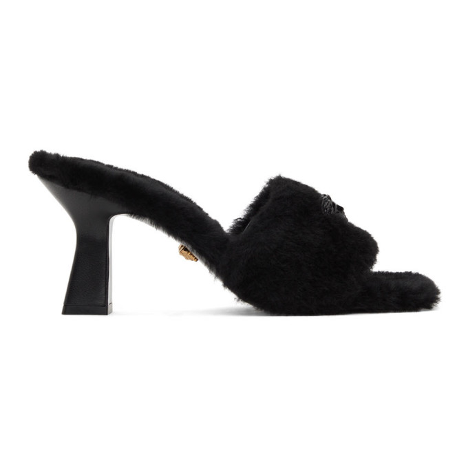 VERSACE BLACK SHEARLING 'LA MEDUSA' HEELED SANDALS