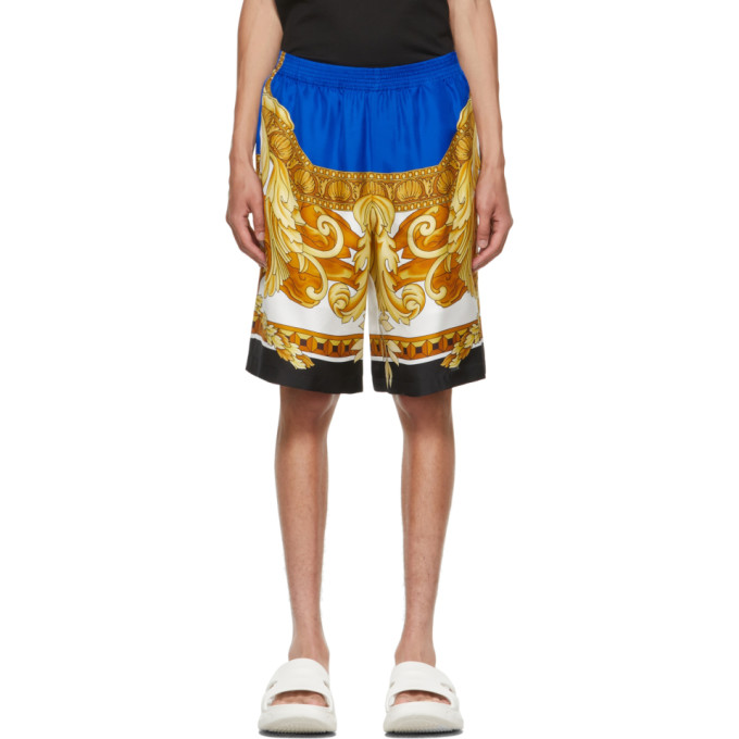 Click to view more detailed imagery on our partner's website Versace Medusa Renaissance Print Silk Shorts Blue And Gold In 5u050 Blue