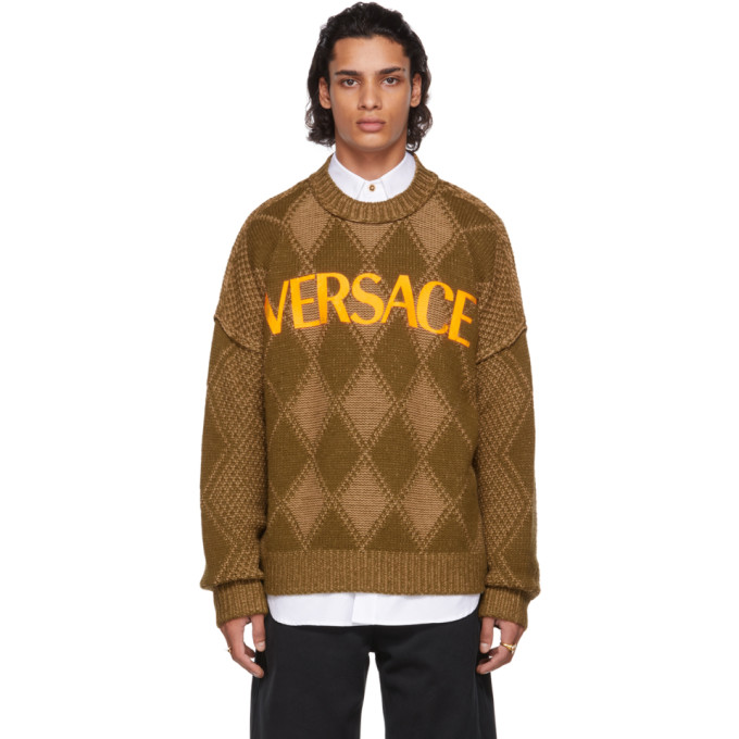 Shop Versace Khaki Argyle Logo Sweater In 2k260 Yello