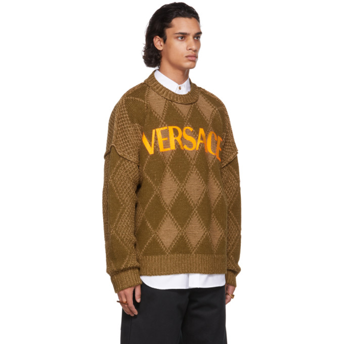 Shop Versace Khaki Argyle Logo Sweater In 2k260 Yello