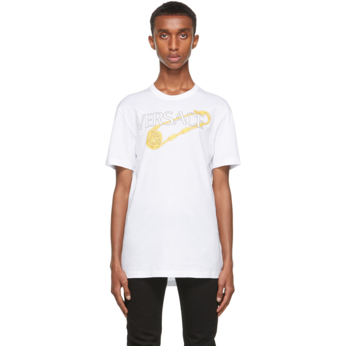 Click to view more detailed imagery on our partner's website Versace Cotton T-shirt With Brooch And Logo Print In 1w000 White