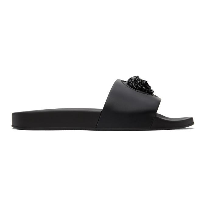 Click to view more detailed imagery on our partner's website Versace Medusa-embossed Leather And Rubber Slides In 1b090 Black