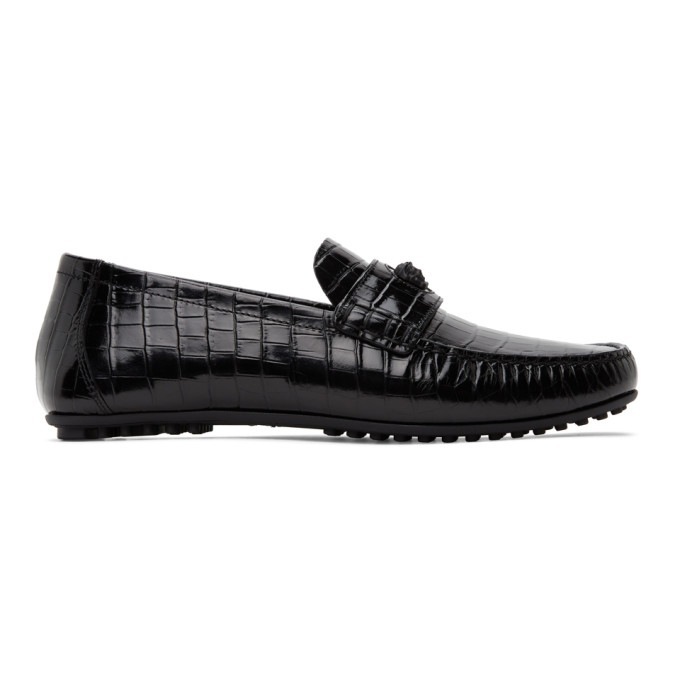 VERSACE BLACK CROC-EMBOSSED MEDUSA LOAFERS