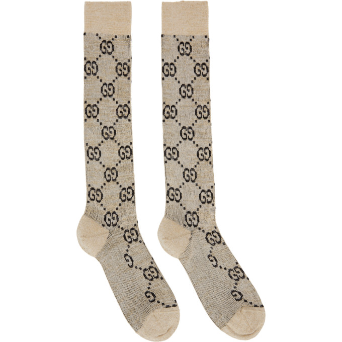 Gucci Beige & Black Lamé Gg Socks In Ivory/black