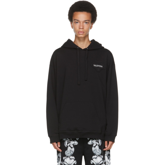 Click to view more detailed imagery on our partner's website Valentino Mens Black Fiore Floral-appliqué Cotton-jersey Hoody M In 0ni Nero/fiore Nero/