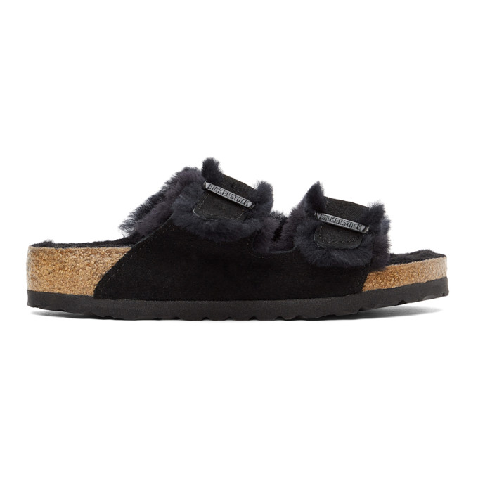 BIRKENSTOCK BLACK SHEARLING & SUEDE ARIZONA FUR SANDALS