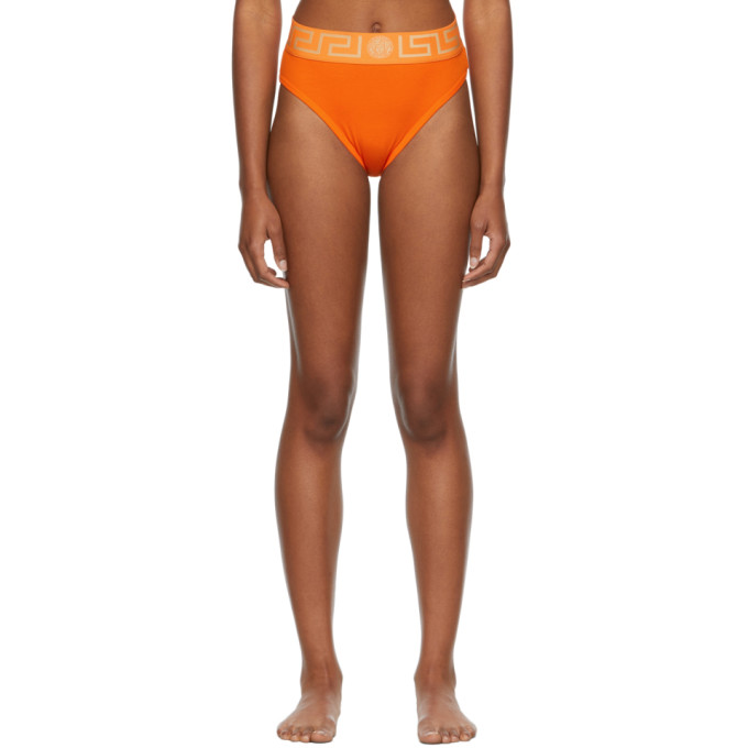 Versace Orange Greca Border High Leg Briefs In 1o340 Orange Gold