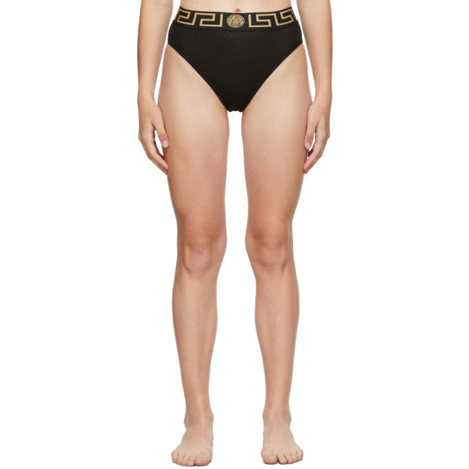 VERSACE BLACK GRECA BORDER HIGH LEG BRIEFS