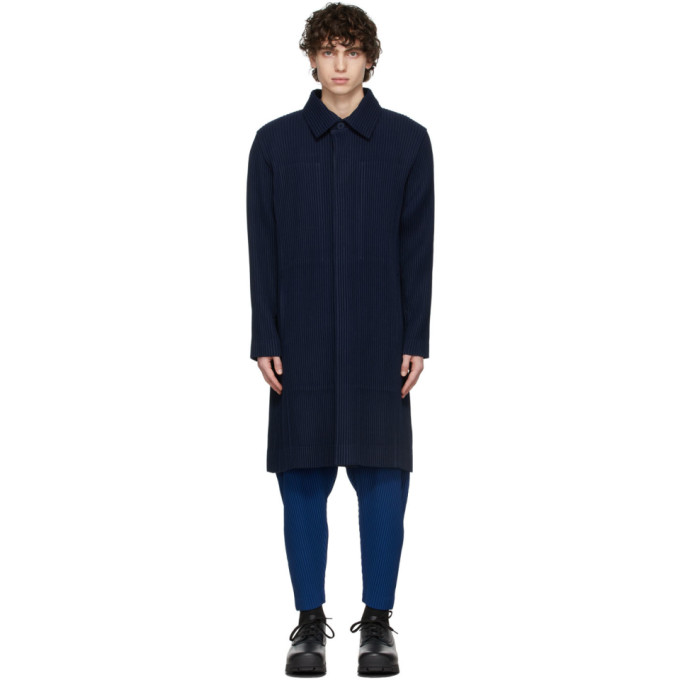 Pleats Please Issey Miyake Navy Wool Like Coat | ModeSens