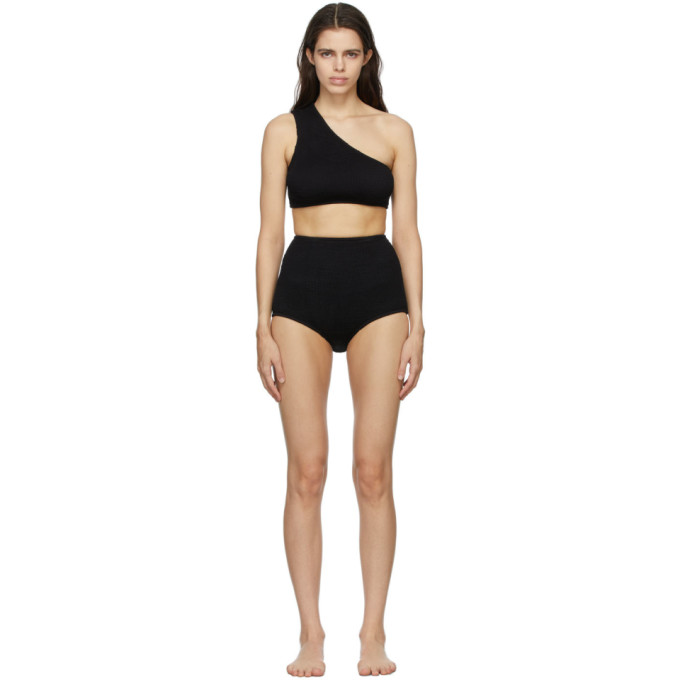 BOTTEGA VENETA BLACK CRINKLE ONE SHOULDER BIKINI