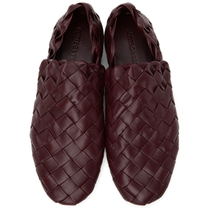 Shop Bottega Veneta Burgundy Intrecciato Slider Loafers In 6100 Jam