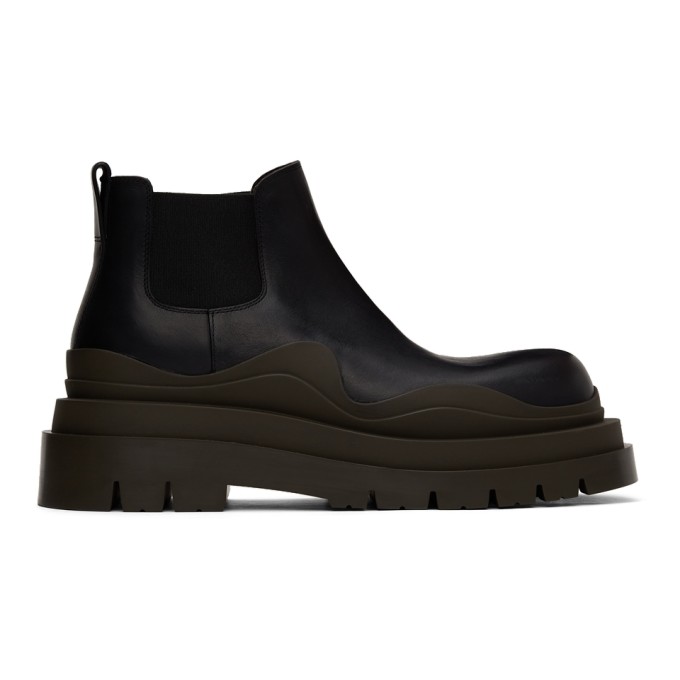 BOTTEGA VENETA BLACK & GREEN TIRE CHELSEA BOOTS