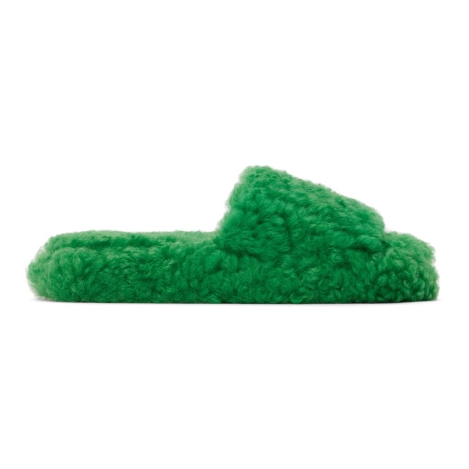 Click to view more detailed imagery on our partner's website Bottega Veneta Resort Teddy Sandals In Shearling In 4809 Grass