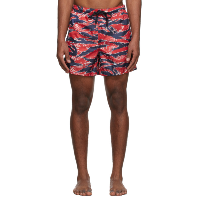 Shop Moncler Red Tiger Stripe Swim Shorts In 470 Red
