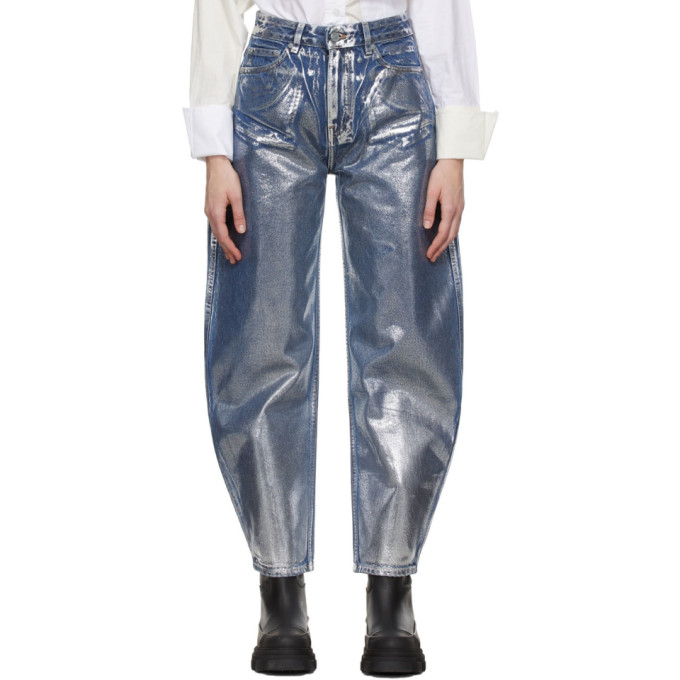 Ganni Stary High-rise Metallic Tapered Jeans In Silver | ModeSens