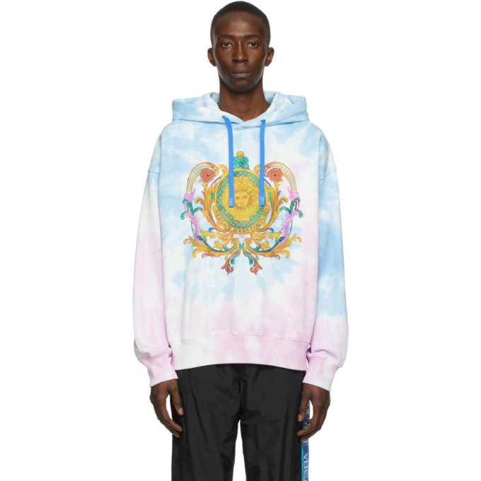 VERSACE JEANS COUTURE BLUE & PINK TIE-DYE LOGO HOODIE